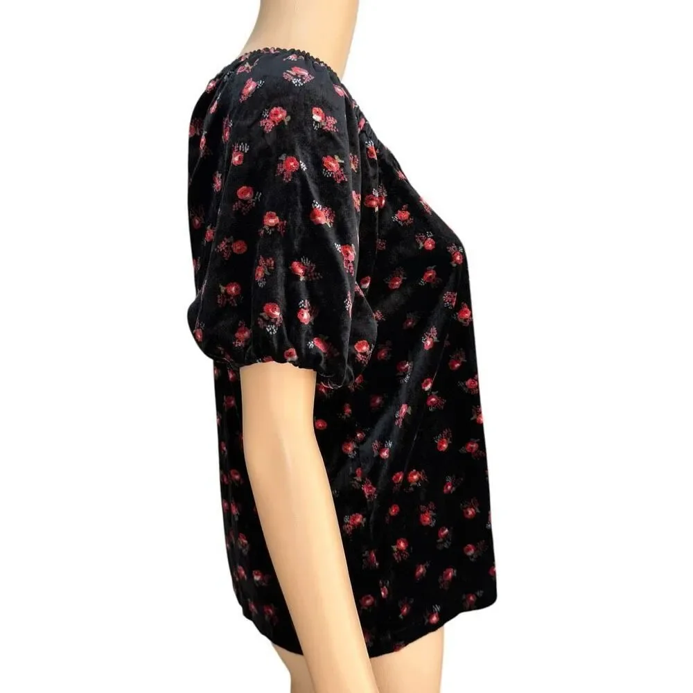 Loft Women’s Floral Velvet Puff Sleeve Top blouse red/black size MP
